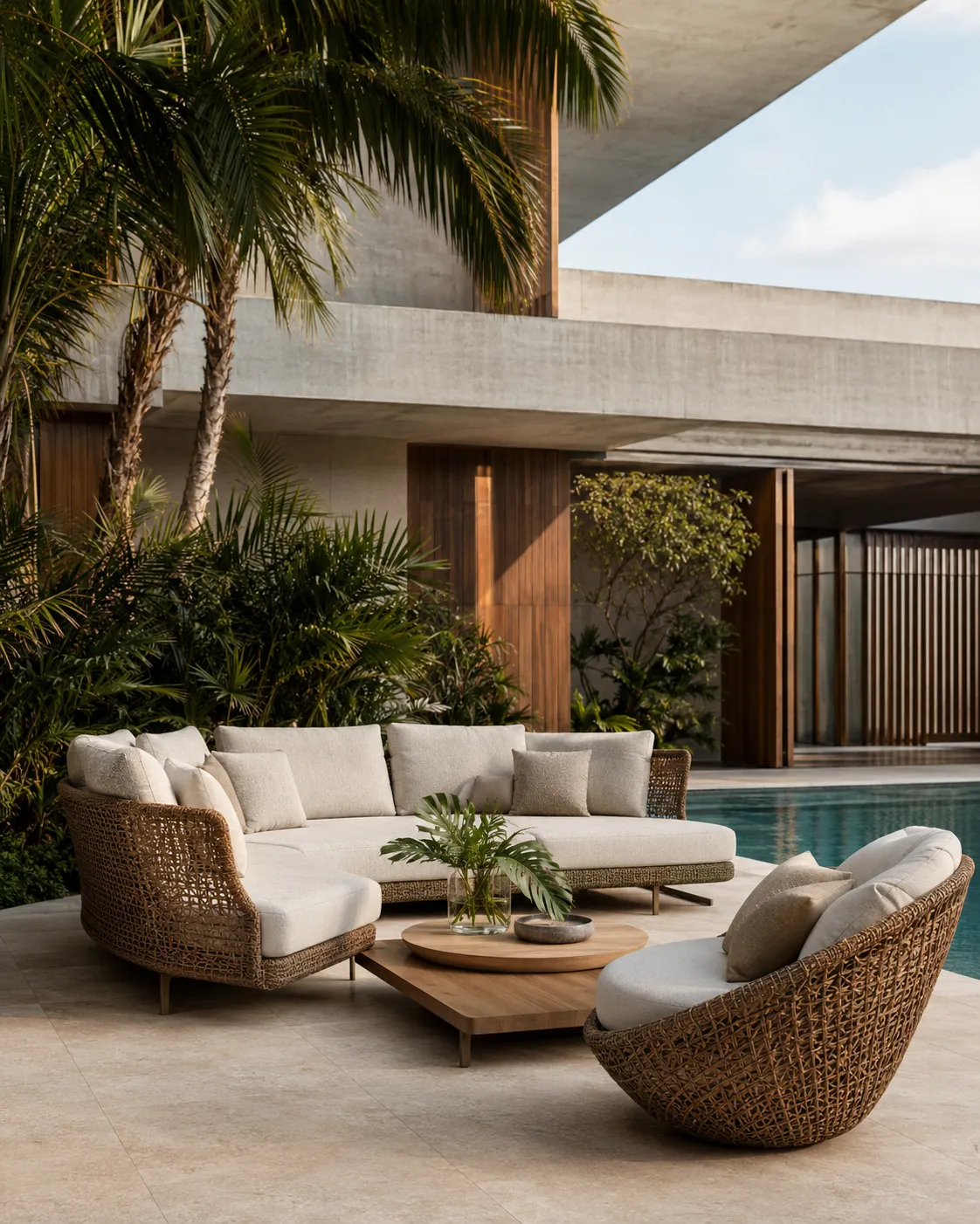 Conjunto de móveis externos junto à piscina