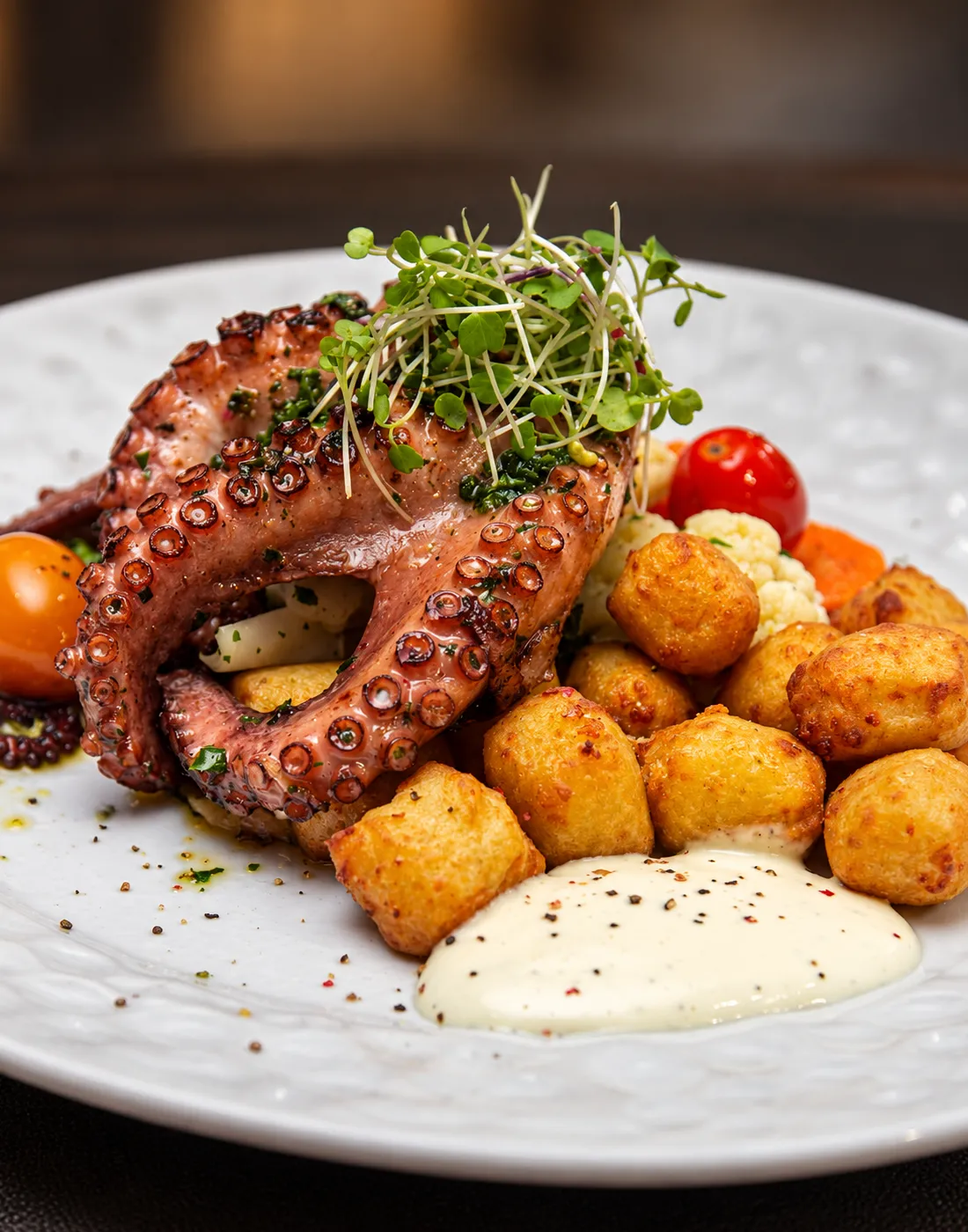 Polvo à lagareiro com batatas em composição gastronômica escura